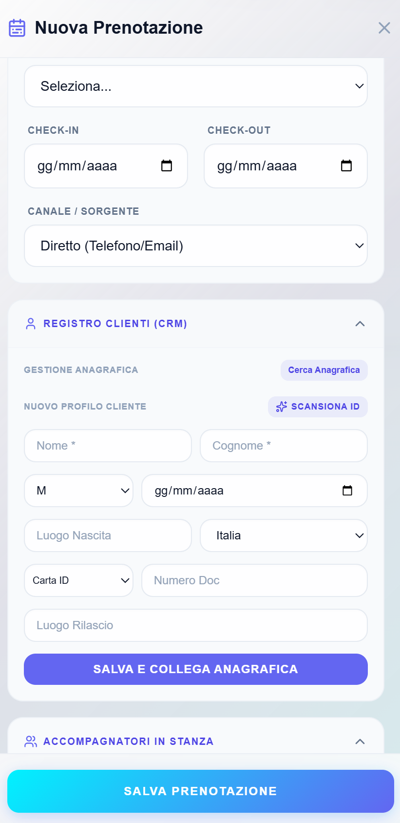 Form ospite con pulsante Scansiona ID in GlancePMS