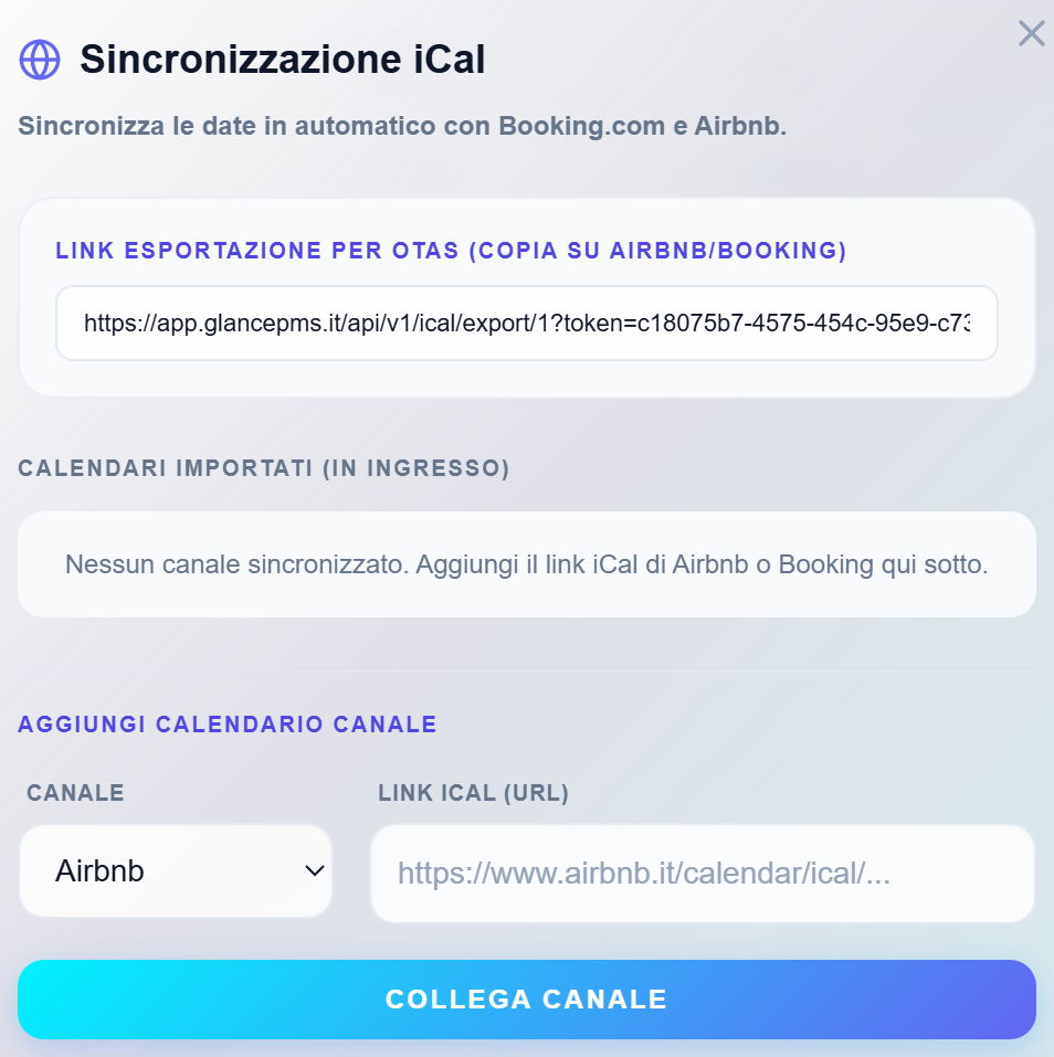 Schermata sincronizzazione iCal in GlancePMS