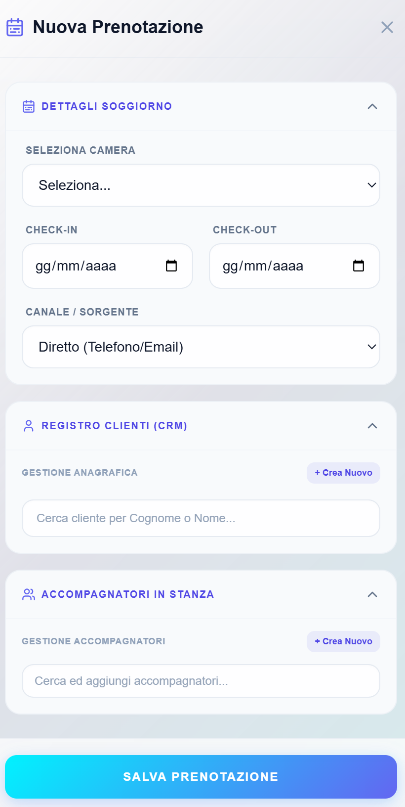 Form nuova prenotazione in GlancePMS